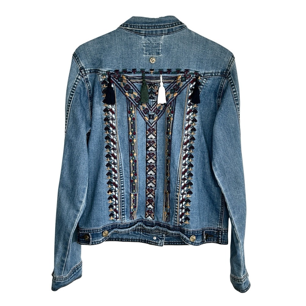 Greenfield Denim Jacket L Boho Festival Indie Western Embroidered Aztec Tassel‎
